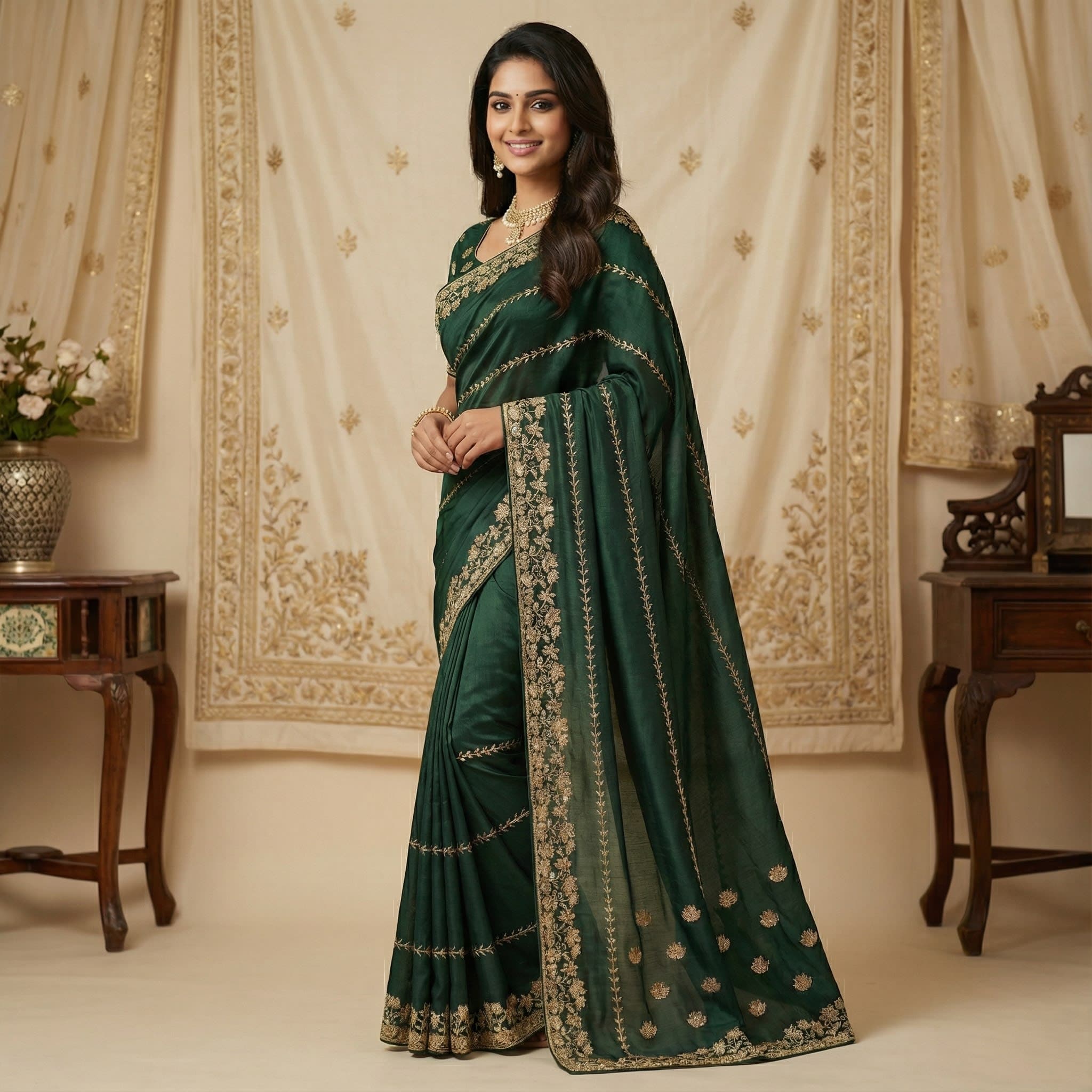 Regal Dark Green Gold Embroidered Saree
