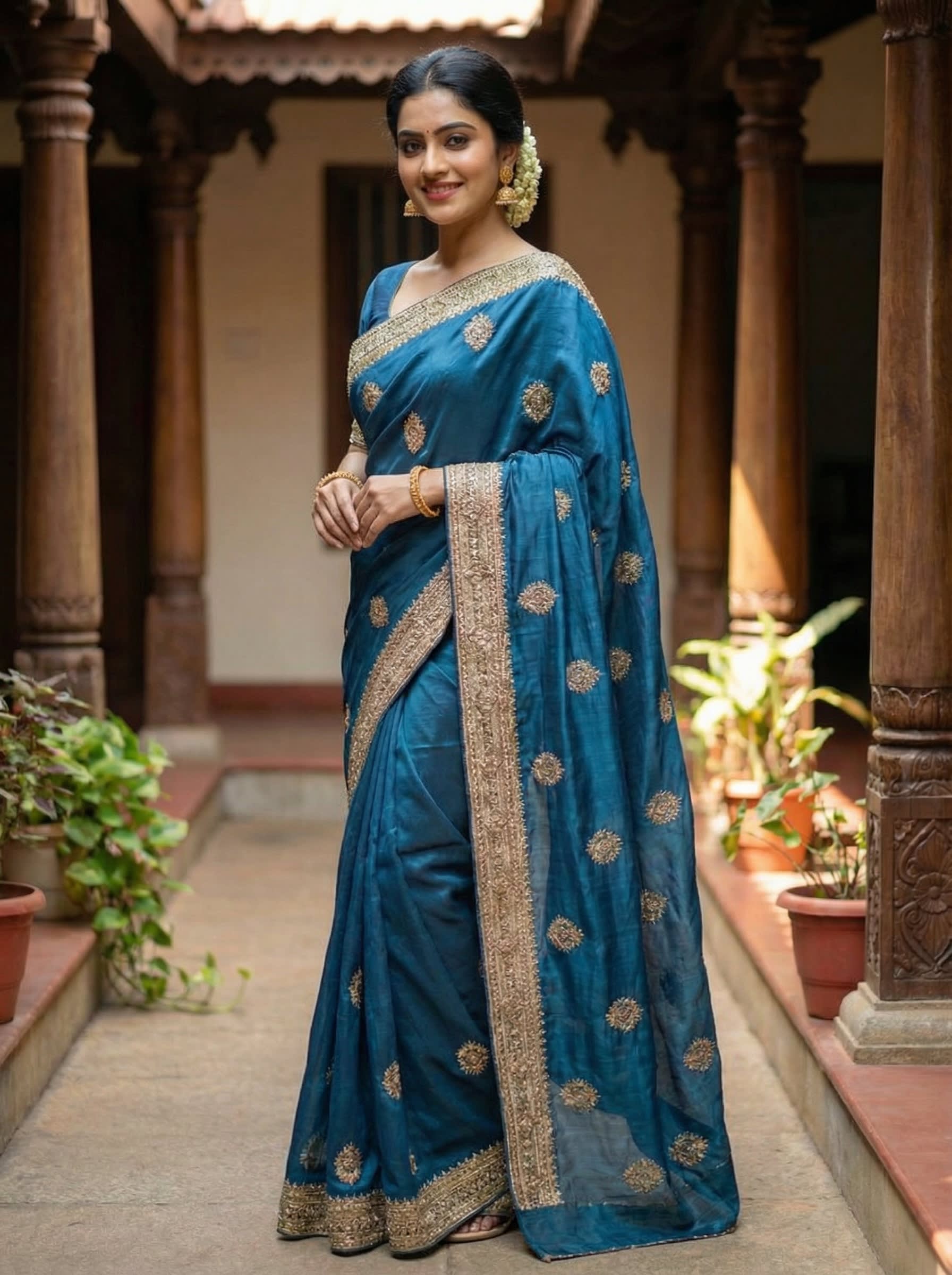 Teal Blue Traditional Gold Embroidered Saree