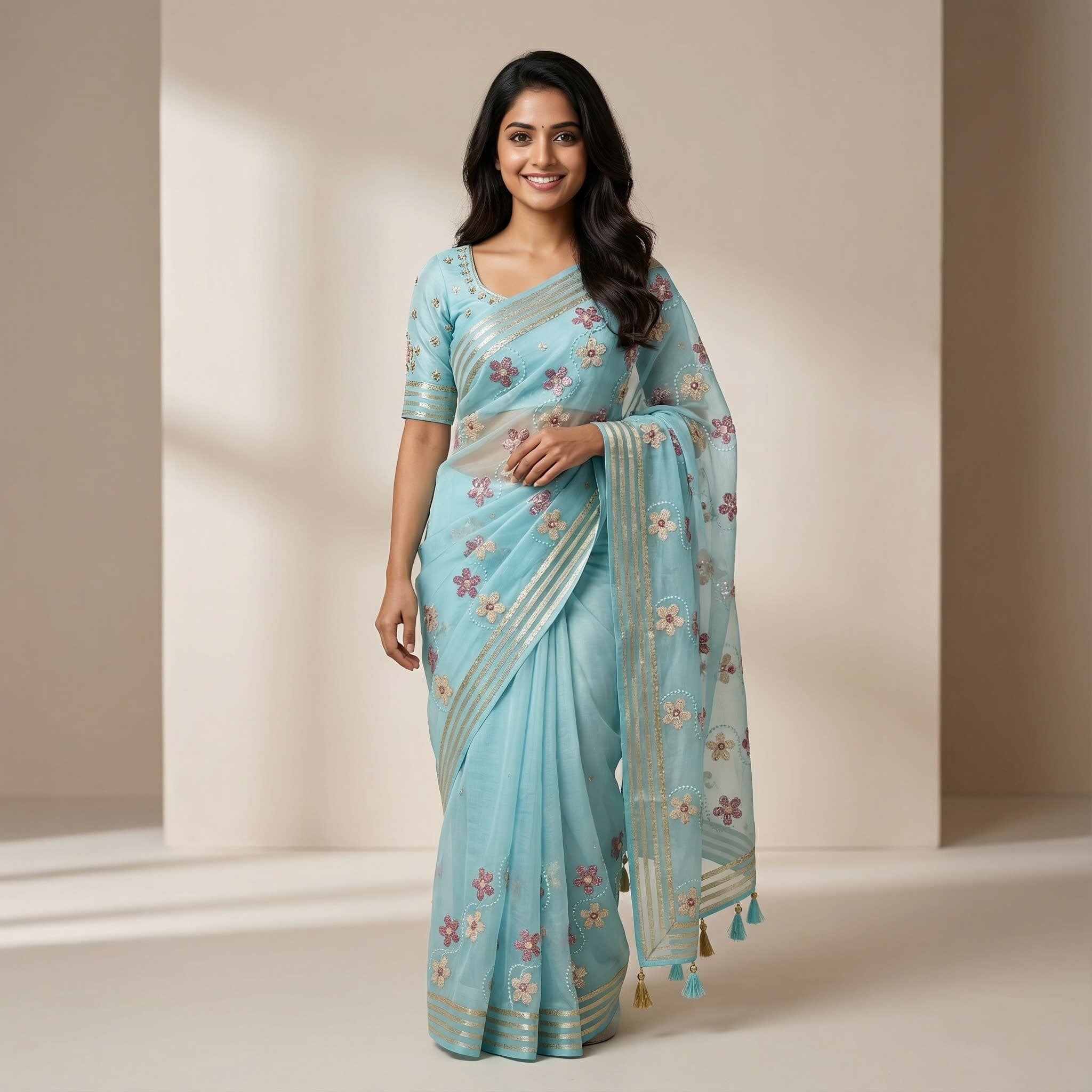 Light Blue Floral Embroidered Organza Saree