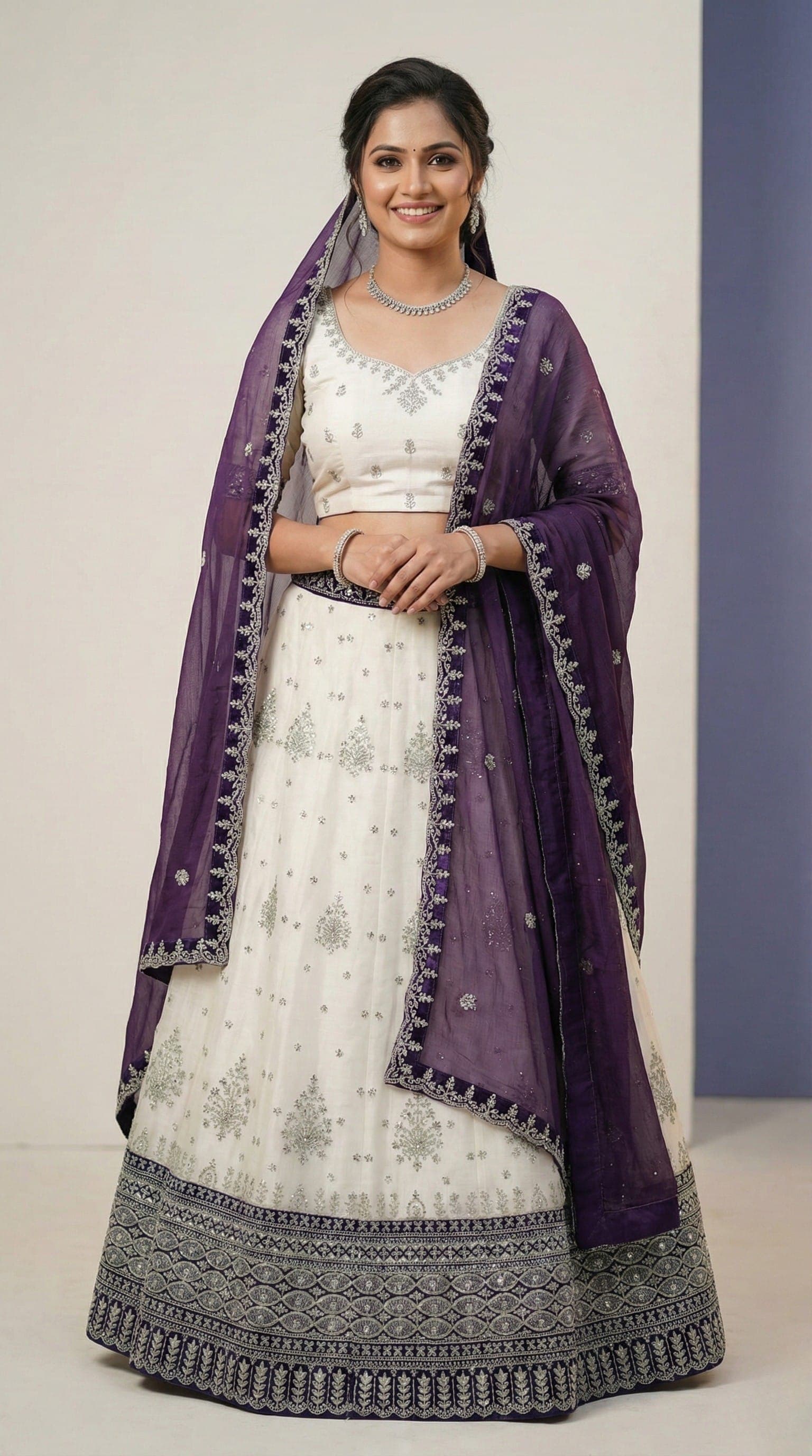 White and Purple Elegant Embroidered Lehenga
