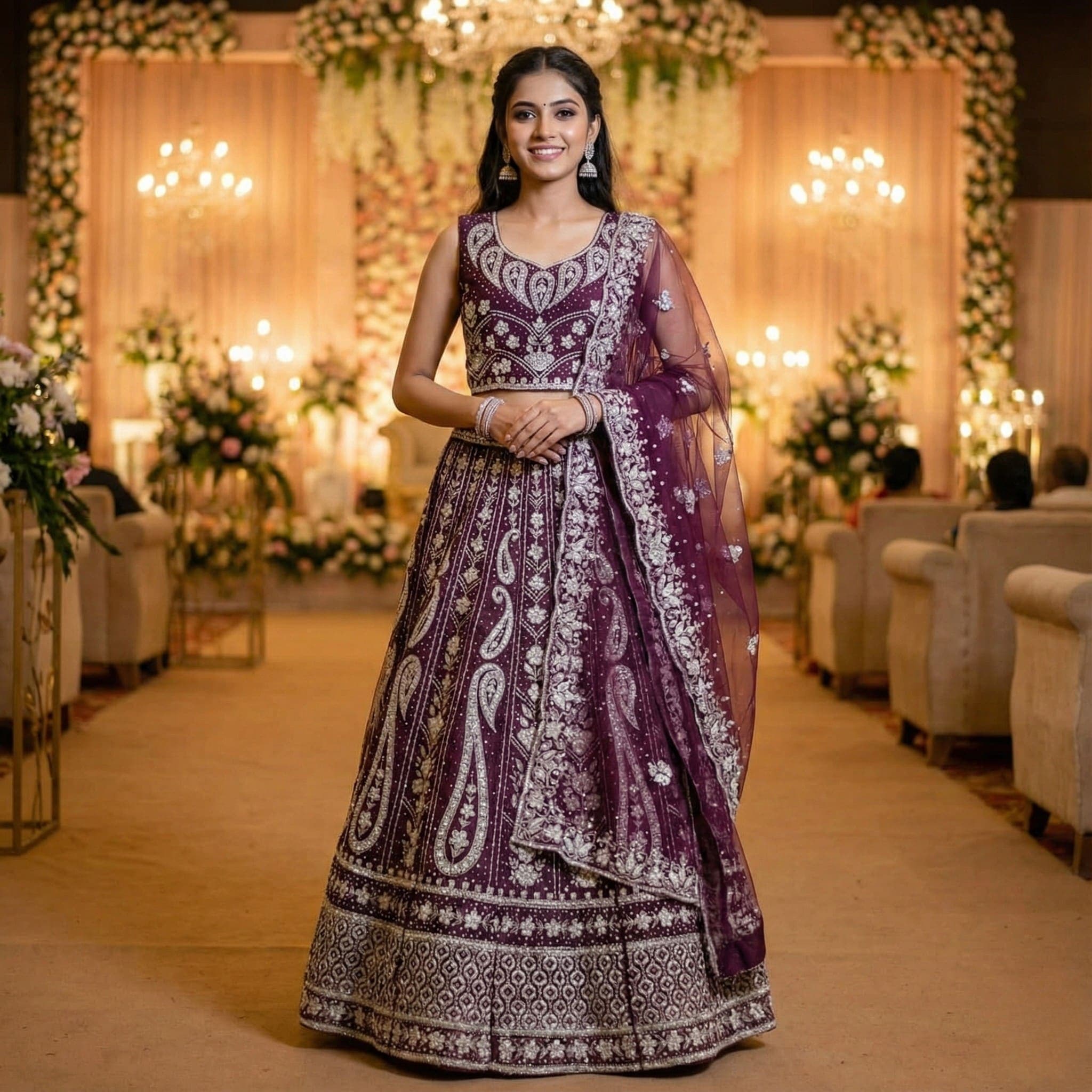 Embroidered Wine Bridal Party Lehenga Choli