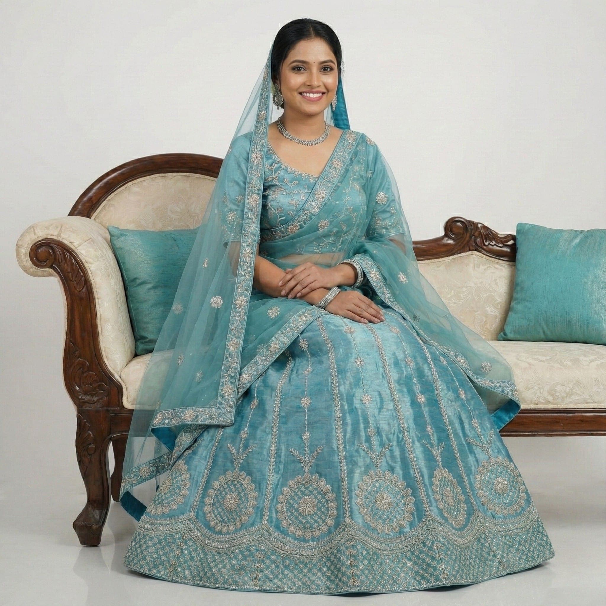 Sky Blue Embroidered Bridal Party Lehenga Choli